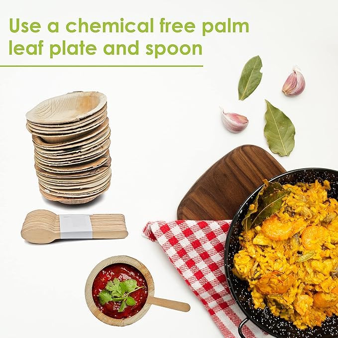 SHOP  SHOPPEE SHOP & SHOPPEE Wooden Decorative Bowl with Spoons | Eco-Friendly Disposable Areca Palm Leaf Bowls & Wooden Spoon Set | Round Party Serving Bowls (Pack of 25, Multicolor) - Image 3