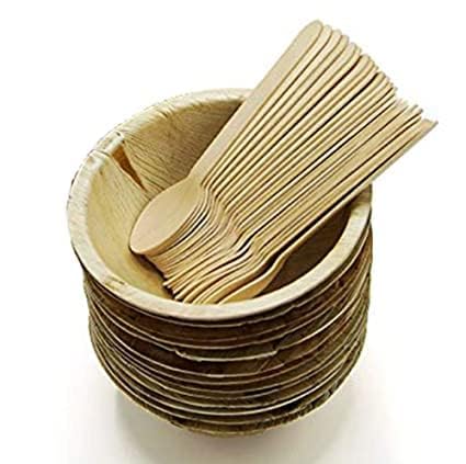 SHOP  SHOPPEE SHOP & SHOPPEE Wooden Decorative Bowl with Spoons | Eco-Friendly Disposable Areca Palm Leaf Bowls & Wooden Spoon Set | Round Party Serving Bowls (Pack of 25, Multicolor) - Image 1