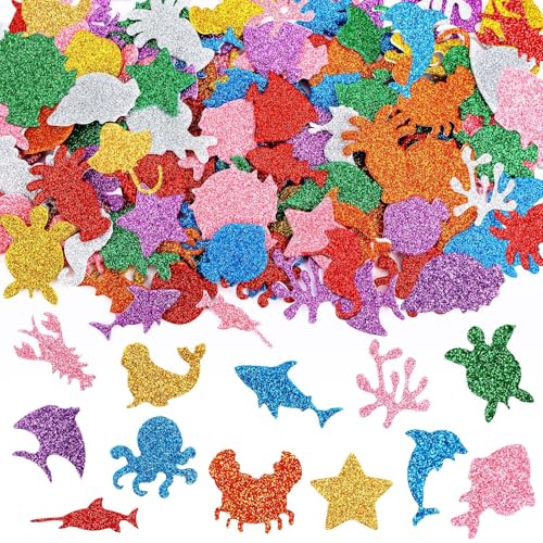 JULBEAR 300 Pieces Glitter Sea Animal Foam Stickers Colorful Ocean Sea Fish Foam Stickers Bulk SelfAdhesive for Arts Crafts Ocean Theme Party Favors Decoration Home DIY Supplies - Image 1