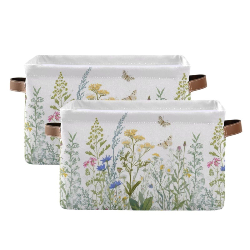 xigua Vintage Colorful Herbs Wild Flowers Floral Storage Basket Collapsible Toy Storage Bins Waterproof Canvas Storage Basket with Leather Handles for Home Closets OfficesBedroomsKids Toy and Gift - Image 2