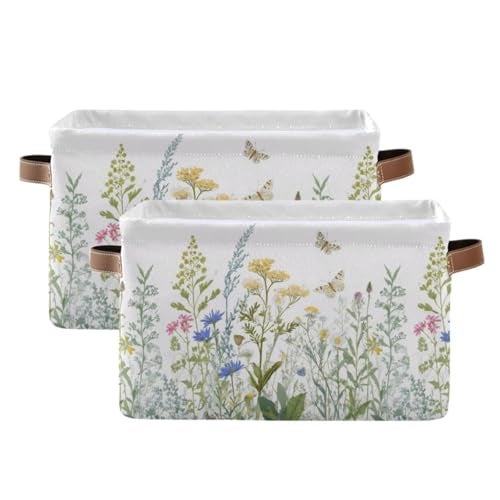 xigua Vintage Colorful Herbs Wild Flowers Floral Storage Basket Collapsible Toy Storage Bins Waterproof Canvas Storage Basket with Leather Handles for Home Closets OfficesBedroomsKids Toy and Gift - Image 1