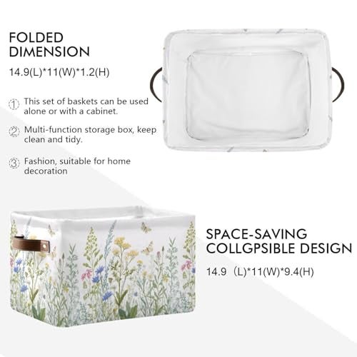 xigua Vintage Colorful Herbs Wild Flowers Floral Storage Basket Collapsible Toy Storage Bins Waterproof Canvas Storage Basket with Leather Handles for Home Closets OfficesBedroomsKids Toy and Gift - Image 3