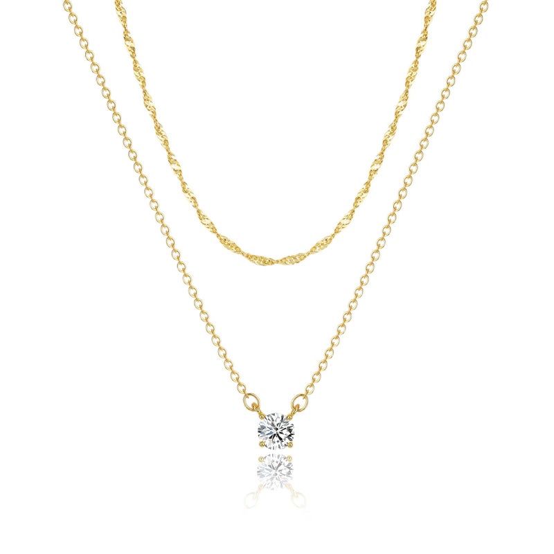 Tewiky Dainty Layered 14K Gold Plated Necklaces Simple CZ Solitaire Pendant Necklace Cute Cubic Zirconia Chain Choker for Women Trendys Gold Jewelry Gift - Image 1