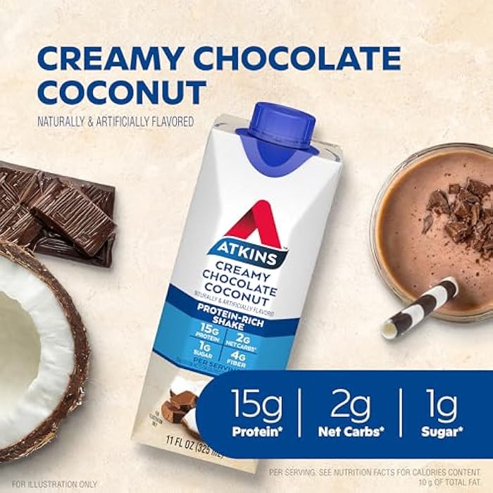 Atkins Creamy Chocolate Coconut Protein Shake, 15g Protein, 2g Net Carbs, 1g Sugar, Keto Friendly, 12 Count - Image 2