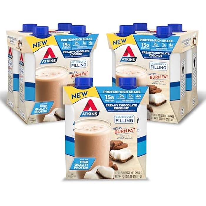 Atkins Creamy Chocolate Coconut Protein Shake, 15g Protein, 2g Net Carbs, 1g Sugar, Keto Friendly, 12 Count - Image 1