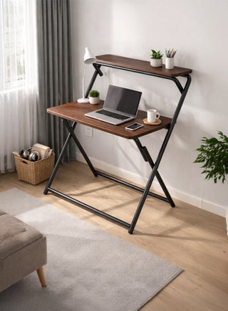 Foldable Laptop Desk with Shelf | Space-Saving Home Office Computer Table | Portable Folding Study Desk with MDF Wood Top & Steel X-Frame | Brown
