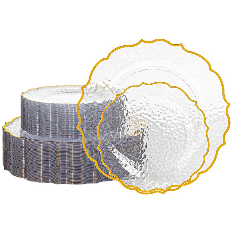 N9R 120 PCS Clear and Gold Plastic Plate, Clear Disposable Plate with Gold Rim, Stone Texture Plates Include 120 Dinner & Dessert Plates for Wedding, Party - Image 1