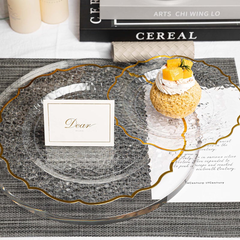 N9R 120 PCS Clear and Gold Plastic Plate, Clear Disposable Plate with Gold Rim, Stone Texture Plates Include 120 Dinner & Dessert Plates for Wedding, Party - Image 5
