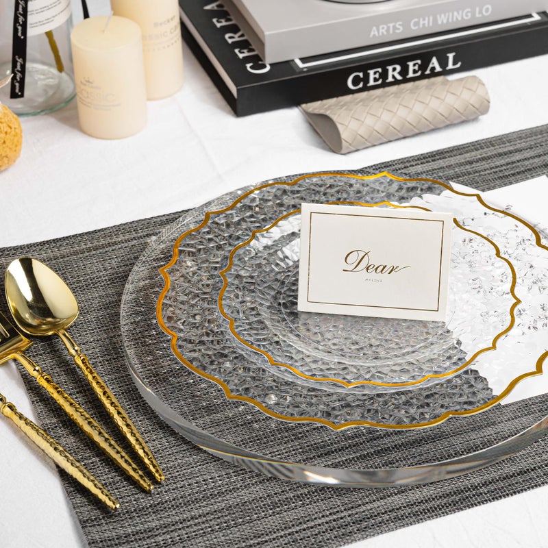 N9R 120 PCS Clear and Gold Plastic Plate, Clear Disposable Plate with Gold Rim, Stone Texture Plates Include 120 Dinner & Dessert Plates for Wedding, Party - Image 3