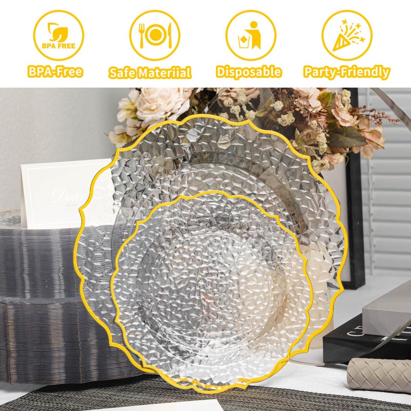N9R 120 PCS Clear and Gold Plastic Plate, Clear Disposable Plate with Gold Rim, Stone Texture Plates Include 120 Dinner & Dessert Plates for Wedding, Party - Image 4