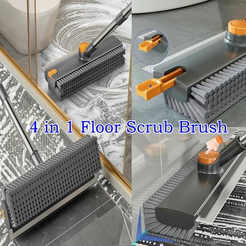 ARAINY 4 in 1 Floor Scrub Brush with Squeegee Long Handle Grout Brush 52'' 2026 Upgraded Multi-Functional Stiff Bristle Cleaning Scrub Brush Rotating Tile Brush for Cleaning Bathroom Patio, Pool, Garage - Image 3