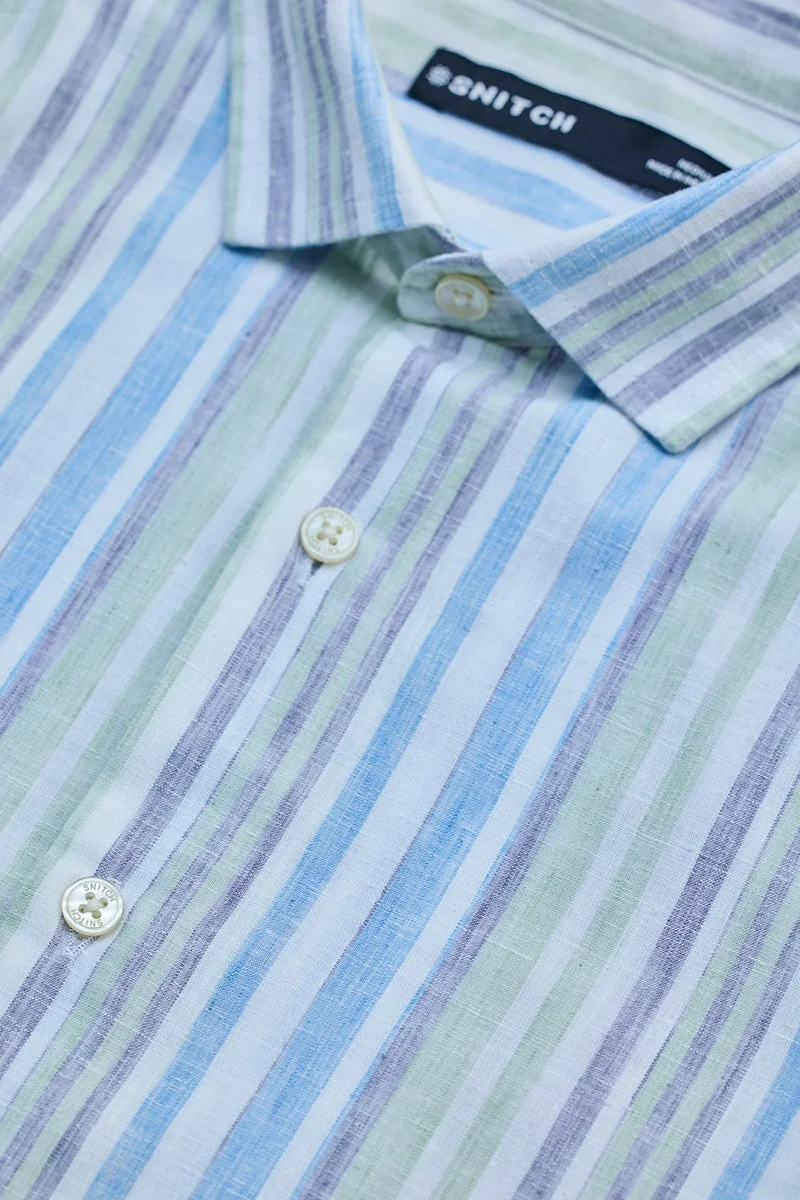 SNITCH Light Green Striped Long Sleeve Slim Fit Casual Shirt