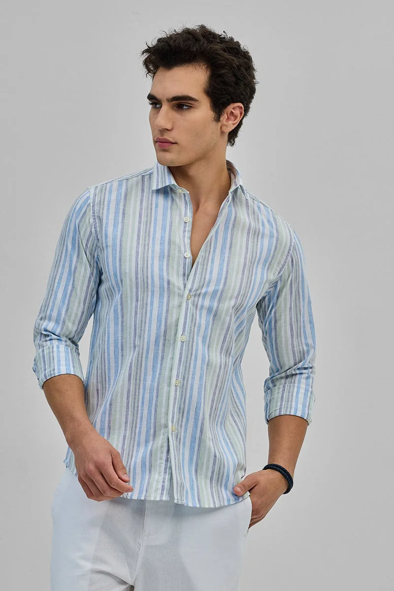 SNITCH Light Green Striped Long Sleeve Slim Fit Casual Shirt