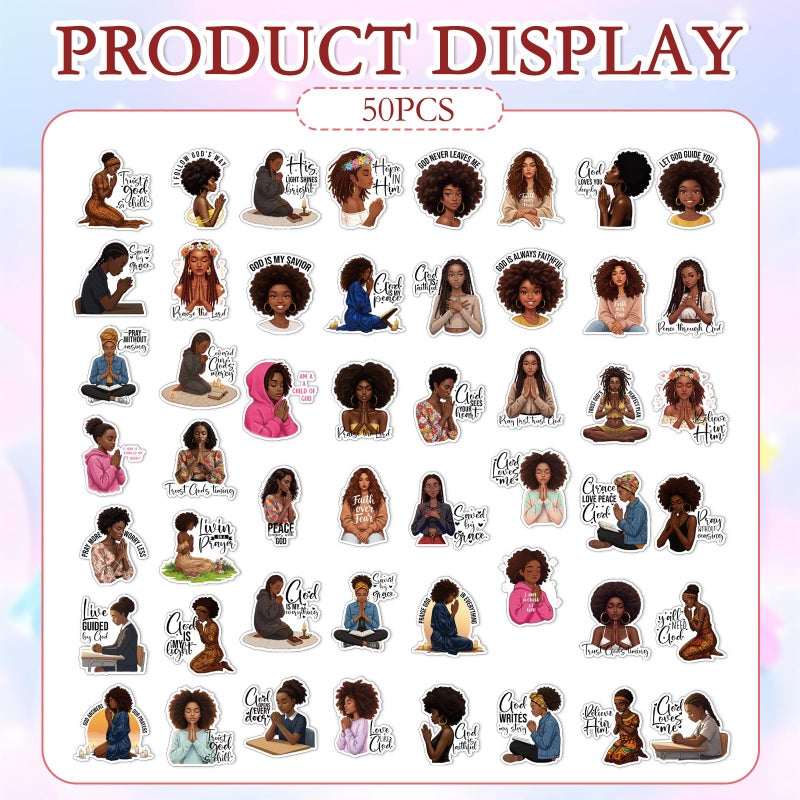 Aposwow Black Girl Stickers for Adults - 50 Pcs Pray Black Women Water Bottle Stickers, Inspirational Quotes Waterproof Scrapbook Decals, Motivational Vinyl Sticker for Laptop Journaling - Image 2
