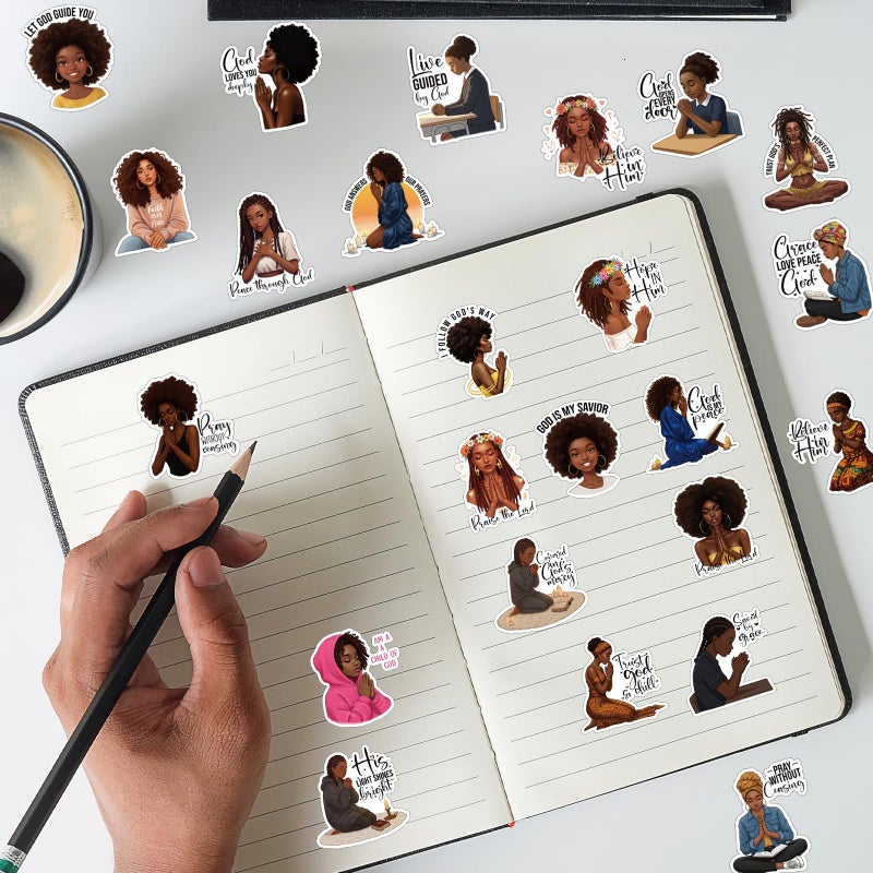 Aposwow Black Girl Stickers for Adults - 50 Pcs Pray Black Women Water Bottle Stickers, Inspirational Quotes Waterproof Scrapbook Decals, Motivational Vinyl Sticker for Laptop Journaling - Image 4