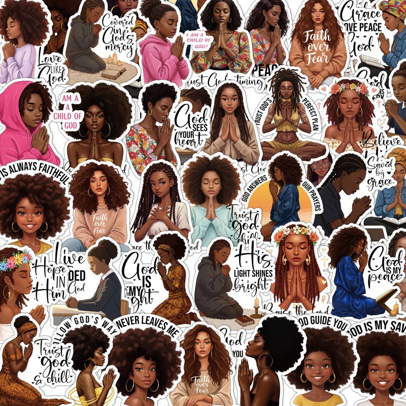Aposwow Black Girl Stickers for Adults - 50 Pcs Pray Black Women Water Bottle Stickers, Inspirational Quotes Waterproof Scrapbook Decals, Motivational Vinyl Sticker for Laptop Journaling - Image 1