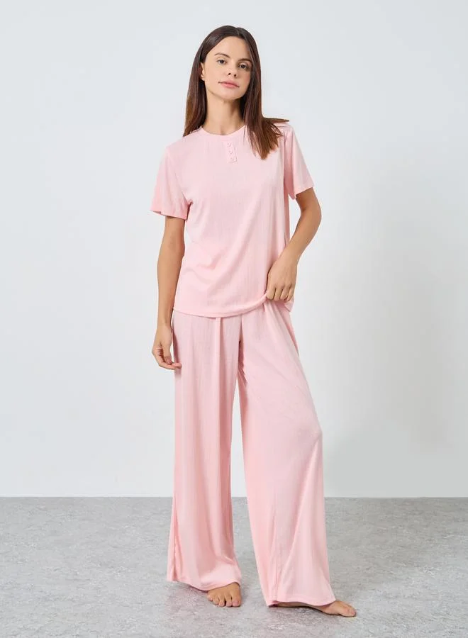Styli Pointelle Round Neck Placket T-Shirt and Wide Leg Pyjama Set