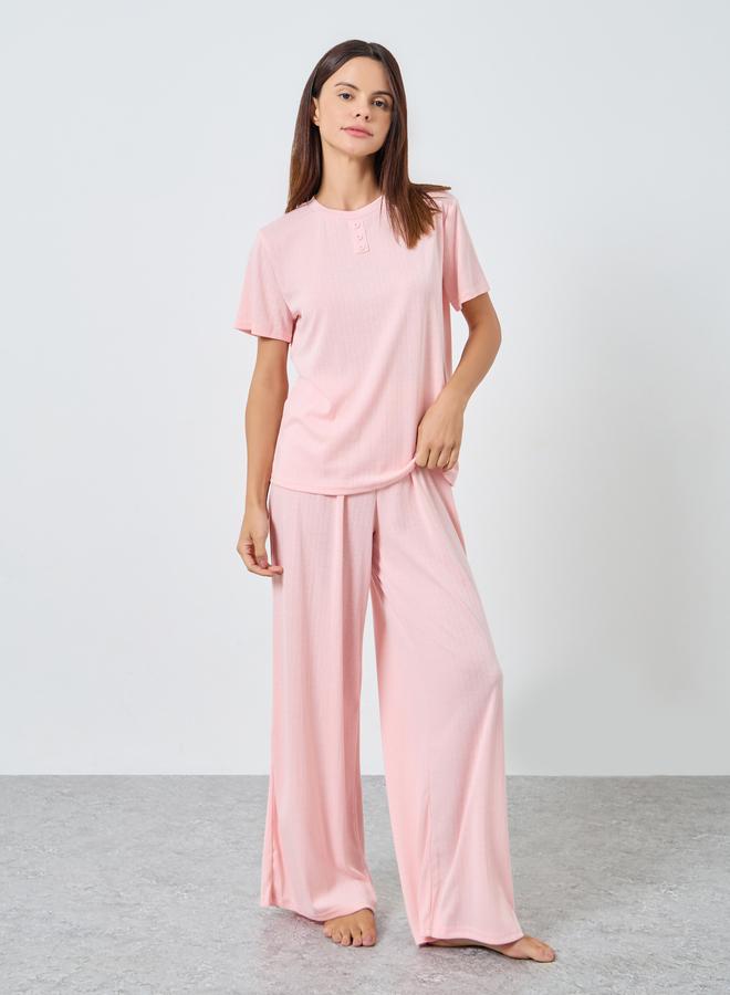Styli Pointelle Round Neck Placket T-Shirt and Wide Leg Pyjama Set - Image 1