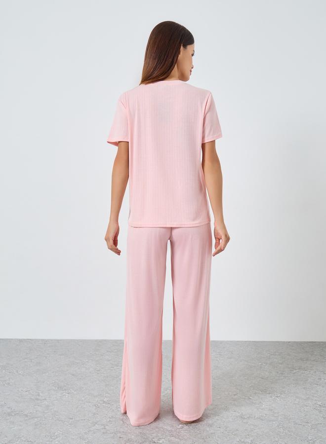Styli Pointelle Round Neck Placket T-Shirt and Wide Leg Pyjama Set - Image 5