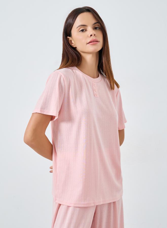 Styli Pointelle Round Neck Placket T-Shirt and Wide Leg Pyjama Set - Image 2