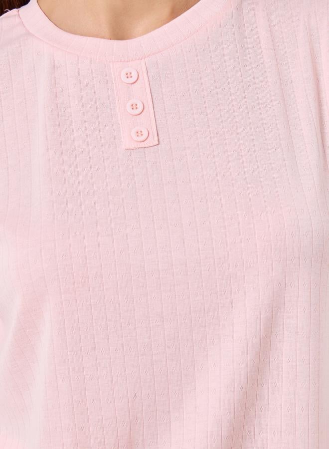 Styli Pointelle Round Neck Placket T-Shirt and Wide Leg Pyjama Set - Image 3