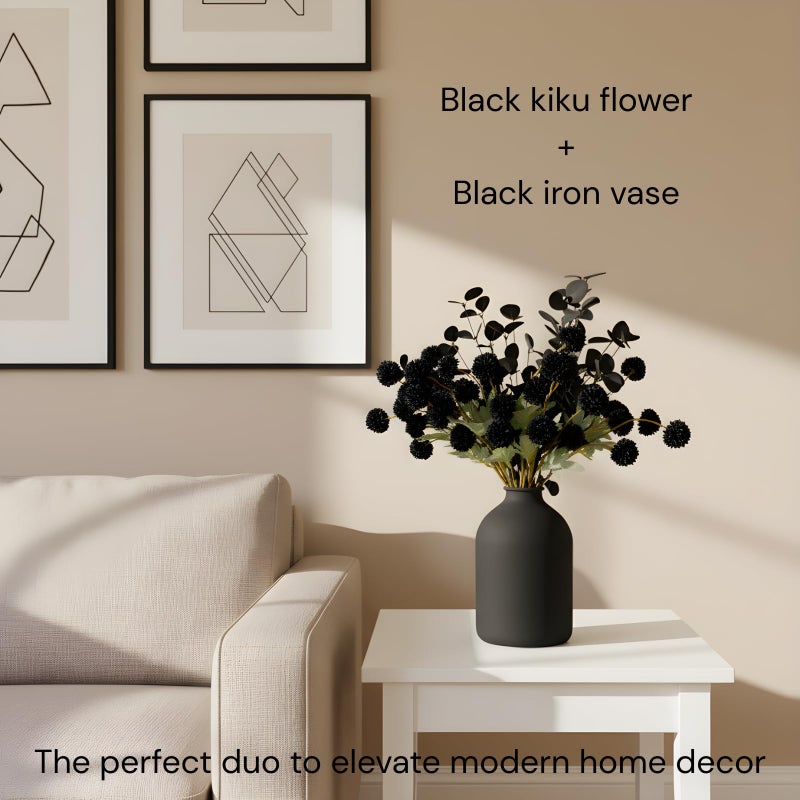 RyddeligHome Black Artificial Flowers for Centerpieces Bulk 10 Long Stems /50 Small Faux Silk Mum Balls + Black Eucalyptus Stems 2 Branches, Fall Boho Halloween Home Decor Indoor, Gothic Flowers - Image 2