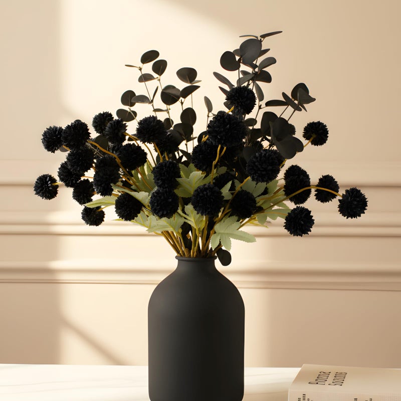 RyddeligHome Black Artificial Flowers for Centerpieces Bulk 10 Long Stems /50 Small Faux Silk Mum Balls + Black Eucalyptus Stems 2 Branches, Fall Boho Halloween Home Decor Indoor, Gothic Flowers - Image 1