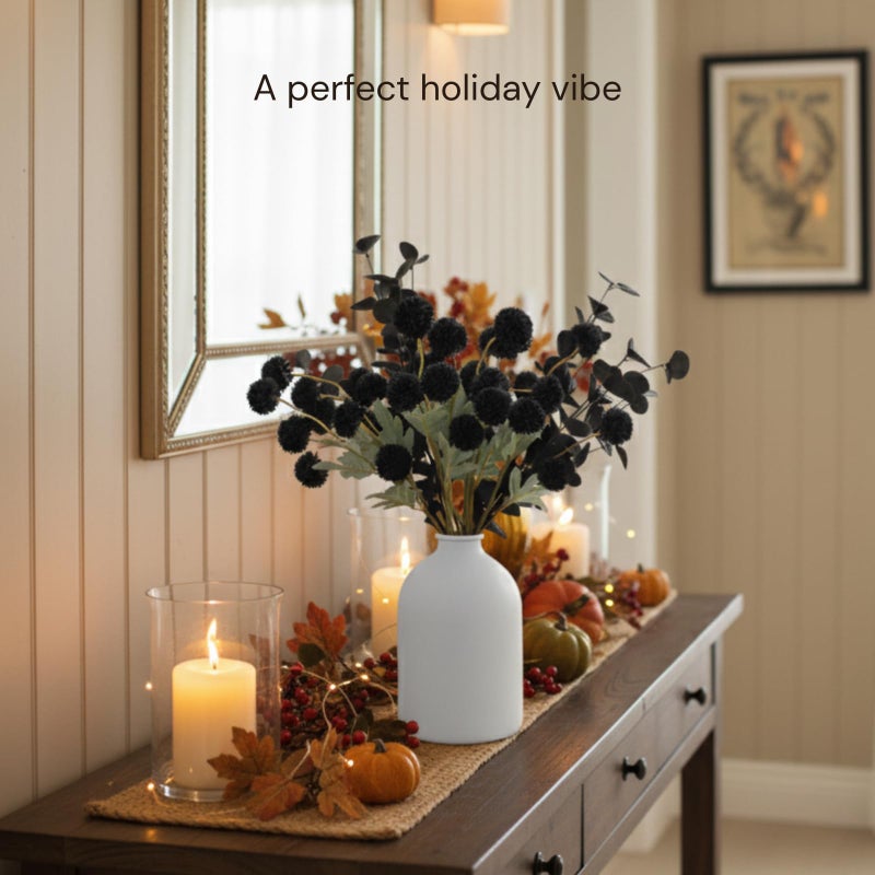 RyddeligHome Black Artificial Flowers for Centerpieces Bulk 10 Long Stems /50 Small Faux Silk Mum Balls + Black Eucalyptus Stems 2 Branches, Fall Boho Halloween Home Decor Indoor, Gothic Flowers - Image 3