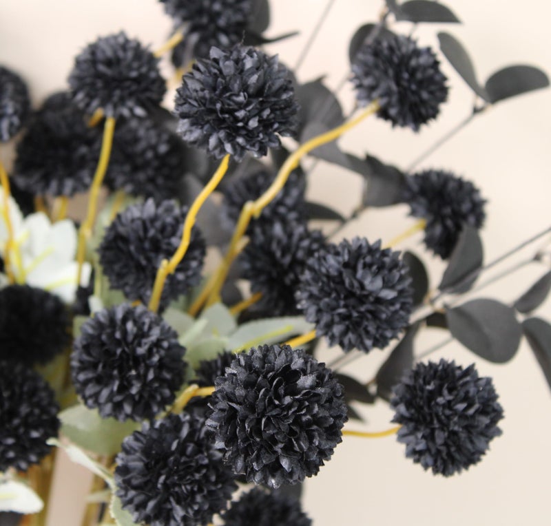 RyddeligHome Black Artificial Flowers for Centerpieces Bulk 10 Long Stems /50 Small Faux Silk Mum Balls + Black Eucalyptus Stems 2 Branches, Fall Boho Halloween Home Decor Indoor, Gothic Flowers - Image 4