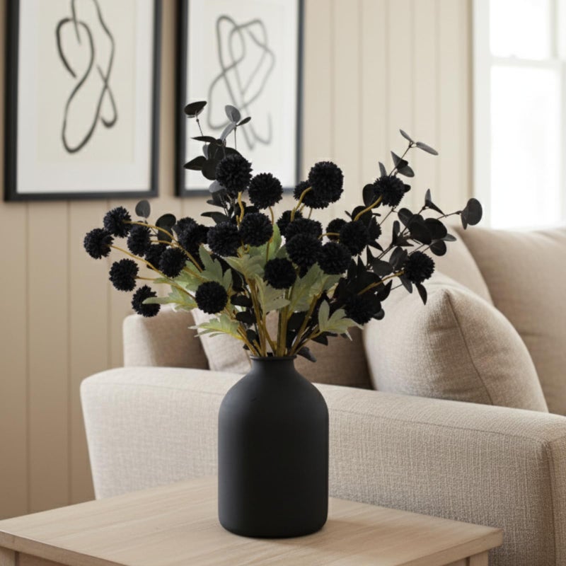 RyddeligHome Black Artificial Flowers for Centerpieces Bulk 10 Long Stems /50 Small Faux Silk Mum Balls + Black Eucalyptus Stems 2 Branches, Fall Boho Halloween Home Decor Indoor, Gothic Flowers - Image 5