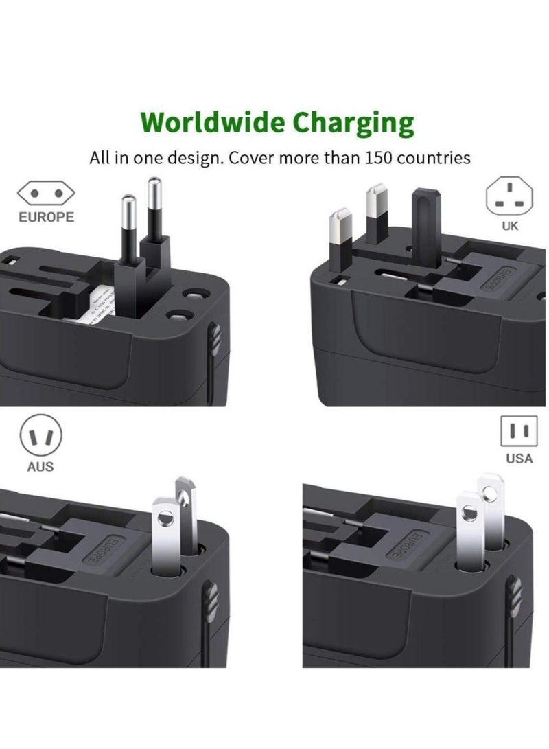 محول سفر عالمي مزدوج USB، محول سفر عالمي شامل وشاحن حائط مع منافذ USB مع منفذ طاقة متعدد الأنواع USB 2.1A، شاحن سفر 100-250 فولت (أسود) - Image 4