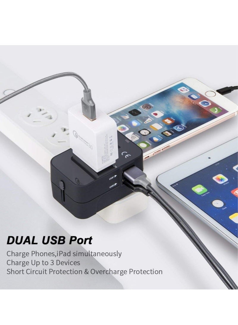 محول سفر عالمي مزدوج USB، محول سفر عالمي شامل وشاحن حائط مع منافذ USB مع منفذ طاقة متعدد الأنواع USB 2.1A، شاحن سفر 100-250 فولت (أسود) - Image 5