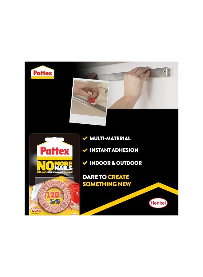 Pattex Pattex No More Nails Mounting Tape, All Purpose Double-Sided Foam Tape, Compatible with Mirror, Metal, Wood, Bricks, Stone, Tiles & More, Capacity: Upto 120kg/ Roll, 19mm x 1.5m Roll (Pack of 3)  - Image 2
