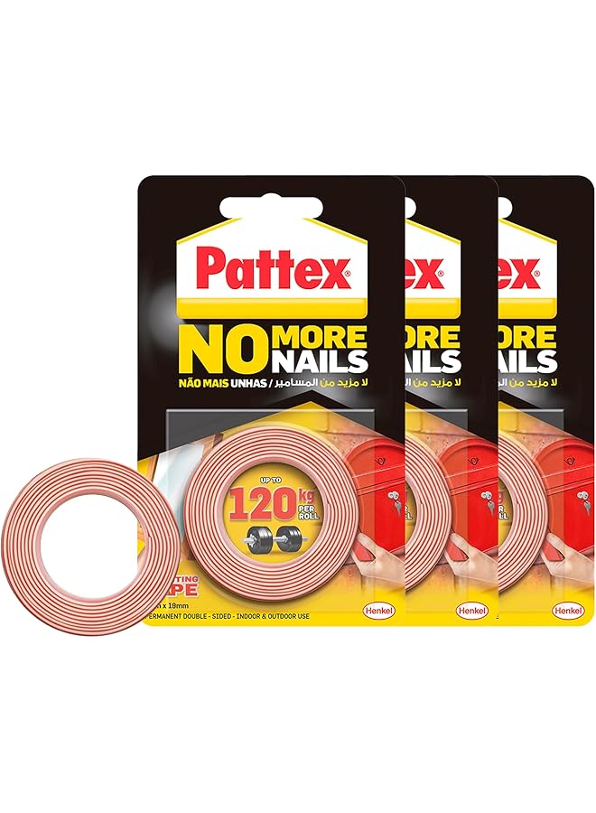 Pattex Pattex No More Nails Mounting Tape, All Purpose Double-Sided Foam Tape, Compatible with Mirror, Metal, Wood, Bricks, Stone, Tiles & More, Capacity: Upto 120kg/ Roll, 19mm x 1.5m Roll (Pack of 3)  - Image 1