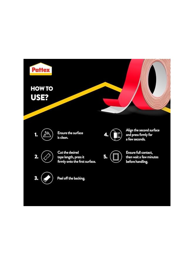 Pattex Pattex No More Nails Mounting Tape, All Purpose Double-Sided Foam Tape, Compatible with Mirror, Metal, Wood, Bricks, Stone, Tiles & More, Capacity: Upto 120kg/ Roll, 19mm x 1.5m Roll (Pack of 3)  - Image 3