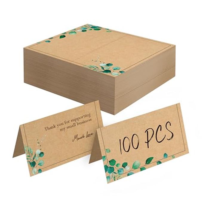 100 PCS Kraft Place Cards, Small Tent Cards with Green Plant Design Delicate Seating Cards Blank Name Cards Escort Cards for Wedding, Table, Dinner Parties, Receptions (2 x 3.5, Greenery Design)