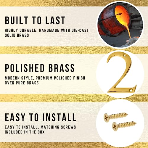 A10SHOP Clio 3-Inch Solid Brass Lacquered Polished Mailbox Numbers House Numbers For Outside, Address Plaques for House Numbers, Outdoor Decor (Polished Brasss, Number 2) - Image 3