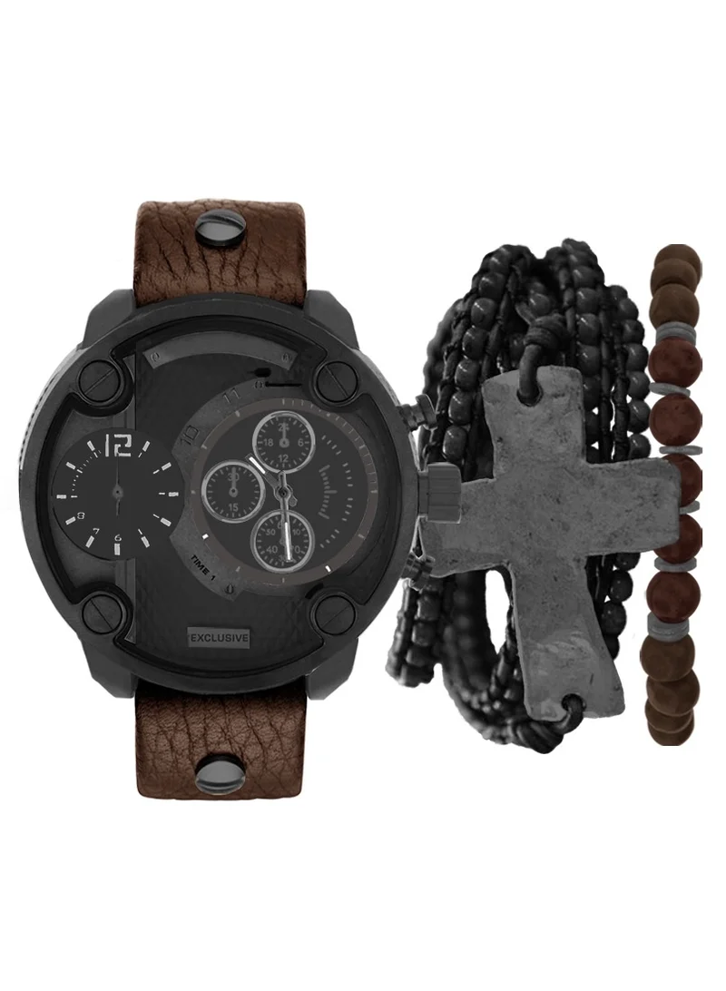 American Exchange American Exchange Mens Black/Brown Stackable Analogue Watch and Bracelet with PU Leather Strap, 5471U-42-G16