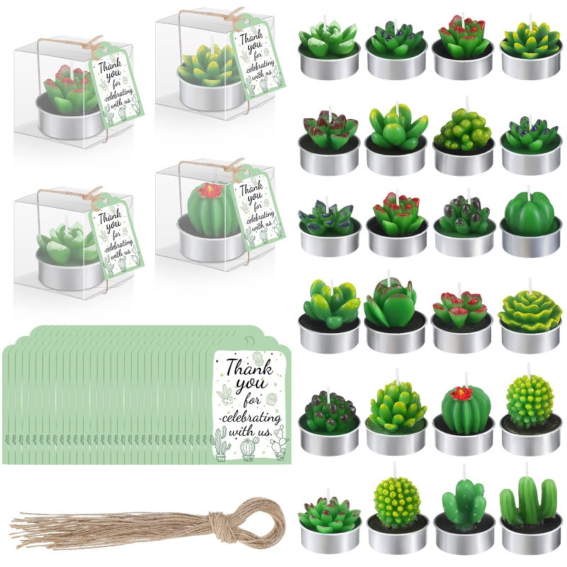 MTLEE 24 Sets Succulent Cactus Candles Cactus Scented Tealight Candles Decorative Mini Plants Candles Baby Shower Candles Favor Gifts with Green Thank You Gift Tags Plastic Boxes and Ropes for Wedding