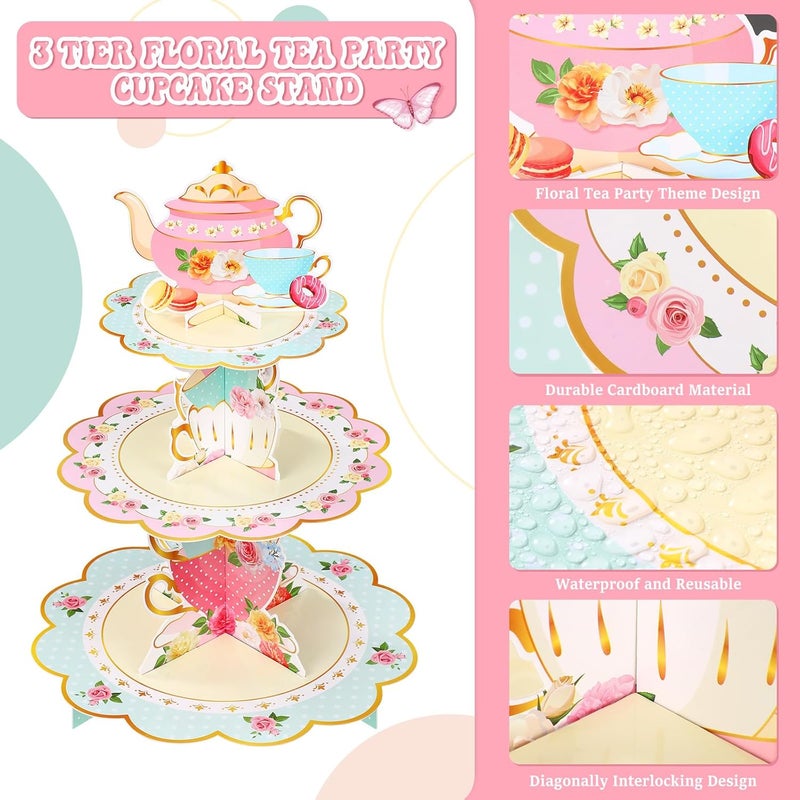 Zopeal حامل كعك زوبيل 2 قطعة بتصميم زهور لحفلة الشاي 3 طبقات لحامل كعك بتصميم زهور لبرج الحلوى لحفلة الأميرة الزهرية، الزفاف، عيد الميلاد، حفلة استقبال المولود، الشاي بعد الظهر - Image 4