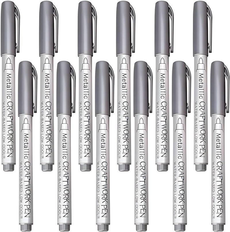 VINTAGER VINTAGER Durable Metallic Medium Point Color Paint Markers Ideal For Kids Ceramic Painting Glass Mug Plastic Photo Album and Card Making Silver Pack of 12 Psc 