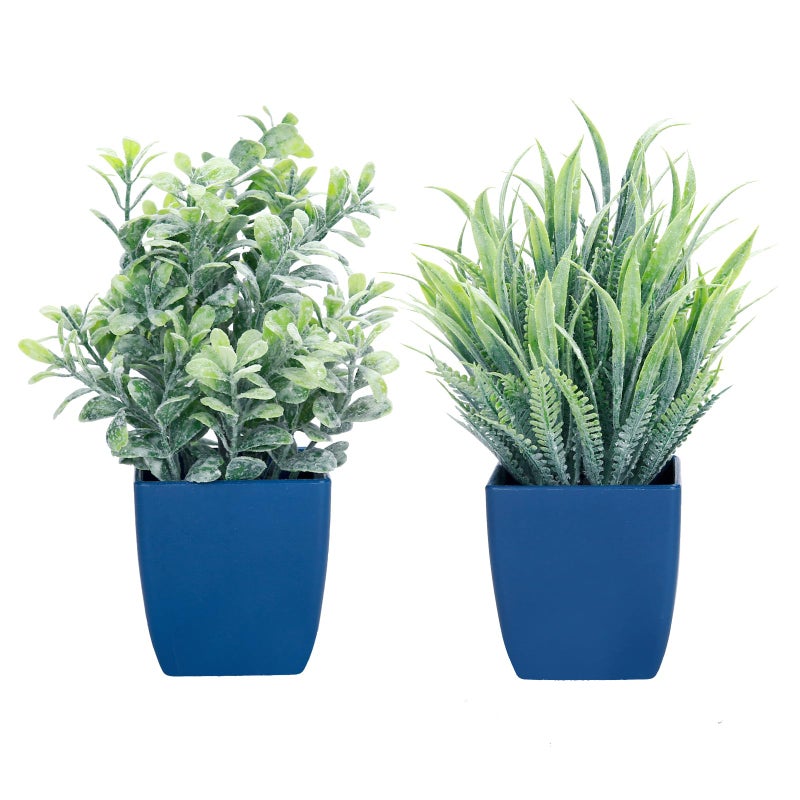 summer flower 2 Pack Fake Plants in Pot Small Artificial Eucalyptus Potted Plant Faux Rosemary in Pot Greenery for Home Decor Indoor Office Shelf Table Desk Bathroom Decoration Blue2
