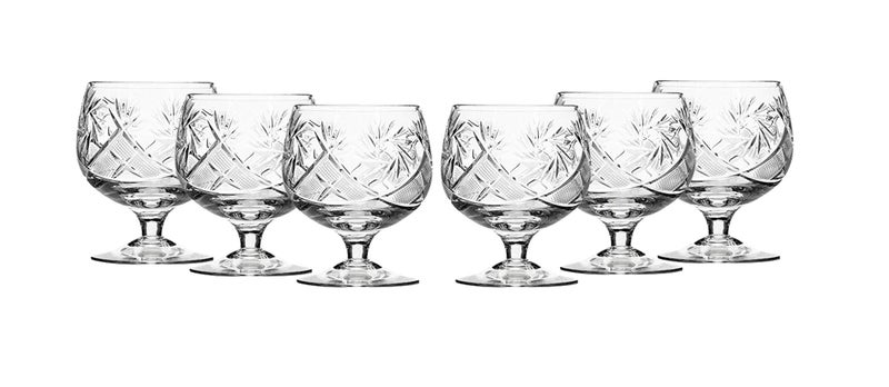 Set of 6 Russian Cut Crystal Cognac Brandy Whiskey Snifters Goblets Handmade Glassware