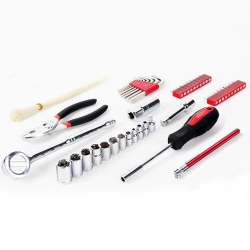 Apollo Tools 56 Piece Compact Metric Auto Tool Set in Zippered Case, Small Mechanic Tool Set for Car Emergency, Motorcycle Repair on the Road, Great for Travel Tool Needs - Red - DT9775 - Image 4