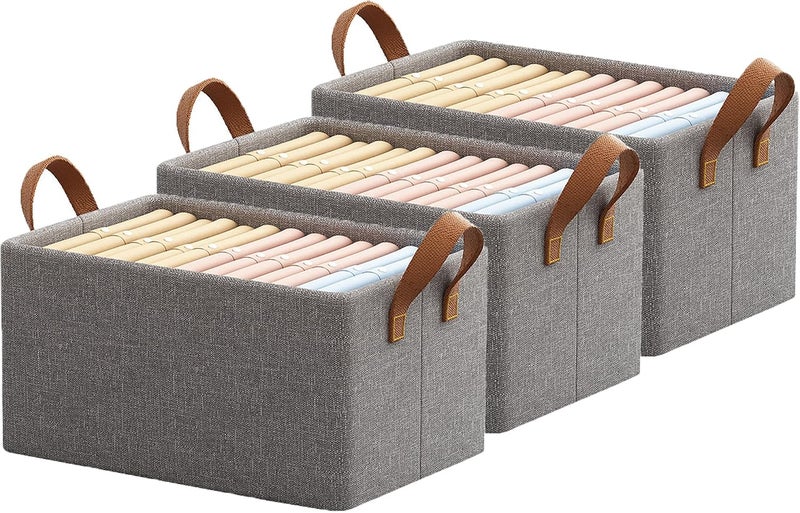 FCYOUO 3pcs Wardrobe Clothes Organizer,Foldable Jeans Closet Storage Basket,Drawer Organizers for Clothing,Fabric Storage Box with Steel Frame Stackable Shelf Storage Baskets - Image 1