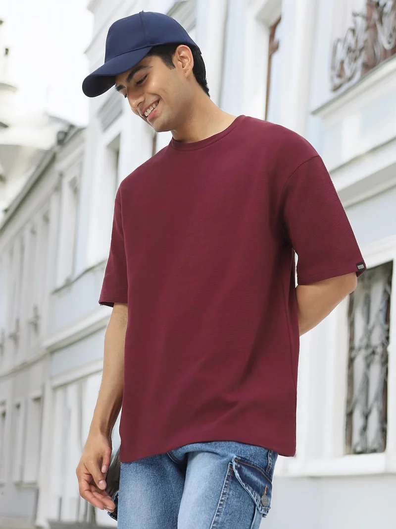 Urbano Fashion  Urbano Fashion Men's Plum Textured Round Neck Oversized Half Sleeve Cotton T-Shirt  | Best Price UAE