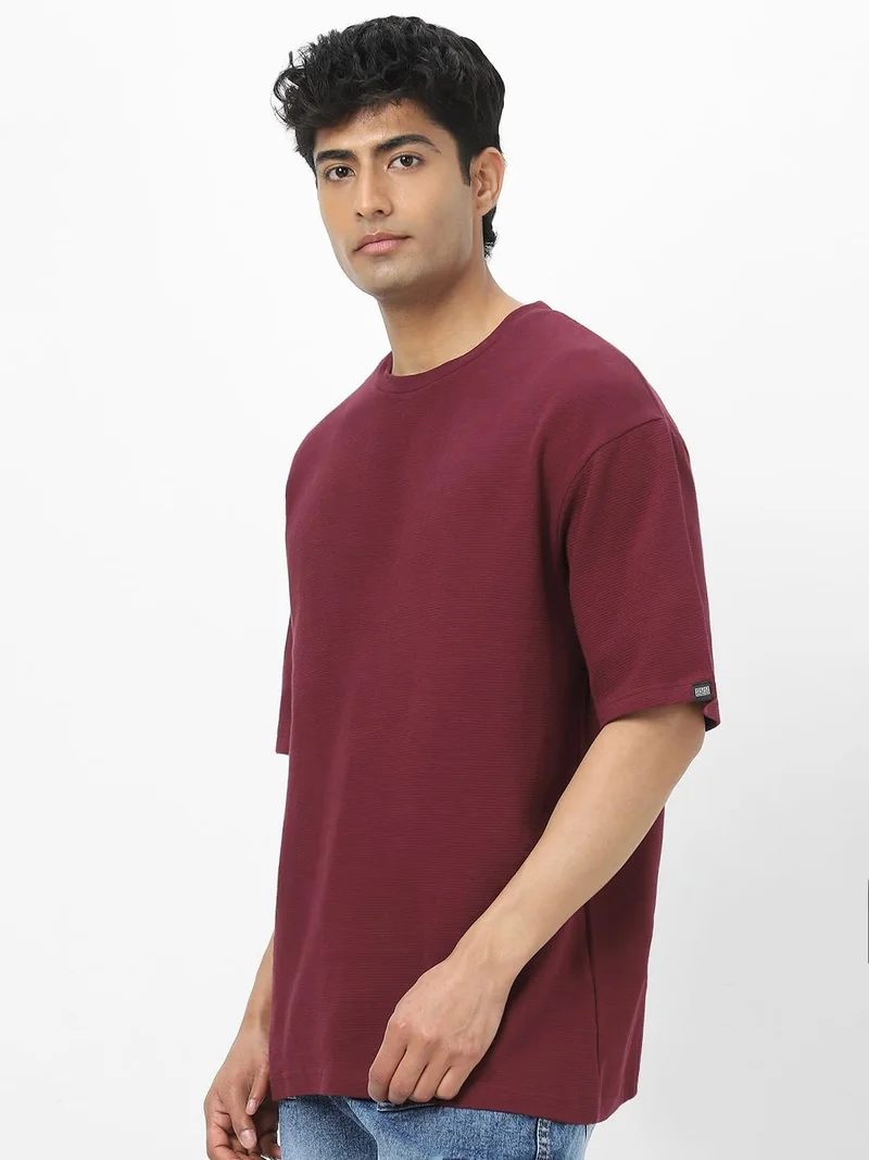 Urbano Fashion  Urbano Fashion Men's Plum Textured Round Neck Oversized Half Sleeve Cotton T-Shirt  | Best Price UAE