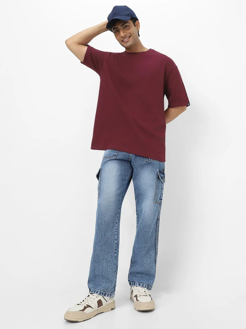 Urbano Fashion  Urbano Fashion Men's Plum Textured Round Neck Oversized Half Sleeve Cotton T-Shirt  | Best Price UAE