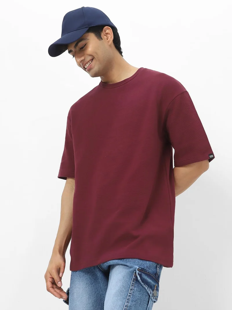 Urbano Fashion Men's Plum Textured Round Neck Oversized Half Sleeve Cotton T-Shirt