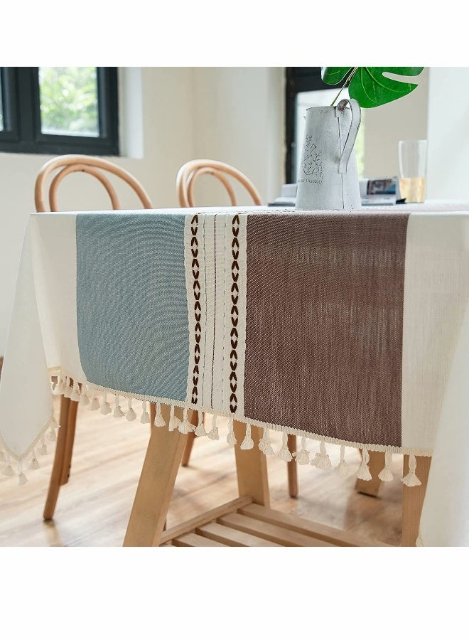 Tablecloth, Rectangular Cotton Linen Washable Table Cloth with Tassel, Table Decoration Cloth for Rectangle Oblong Table, Kitchen, Dining, Tea Table Tabletop Decoration (55 x 71 inch, Blue Brown) - Image 4